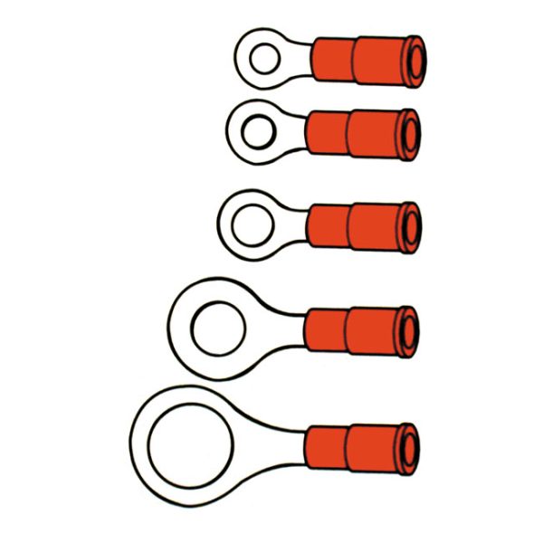 Connectors, ring terminal PVC, crimp. Red 4.8mm