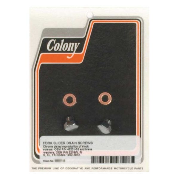 Colony, fork slider drain screws. Chrome
